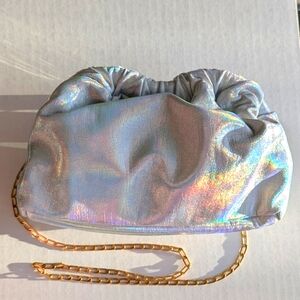NWT Mansur Gavriel Holographic Silver Blue Clutch with Gold Chain Shoulder Strap